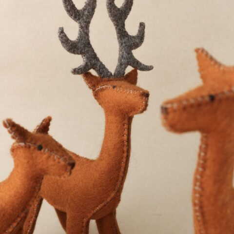 Stag, doe and fawn wool felt figurines